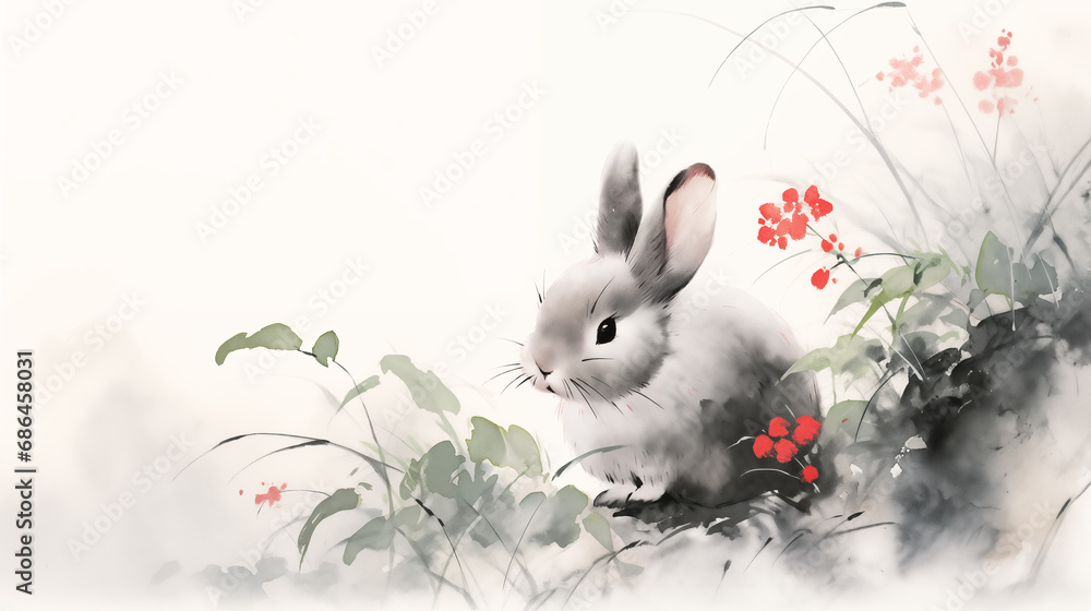 Hand drawn ink illustration of rabbit in the grass in spring
Hand drawn ink illustration of rabbit in the grass in spring