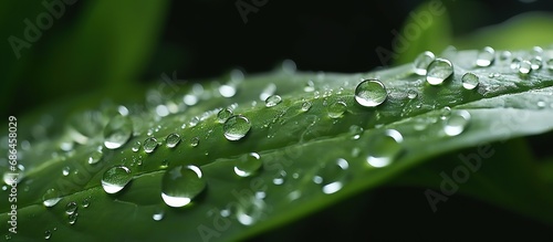 Water drops on a green leaf. Nature background.