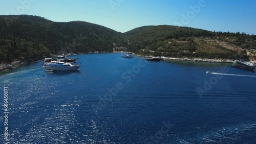 Flying over Foki beach, Kefalonia, during summer, Greek Ionian Islands.