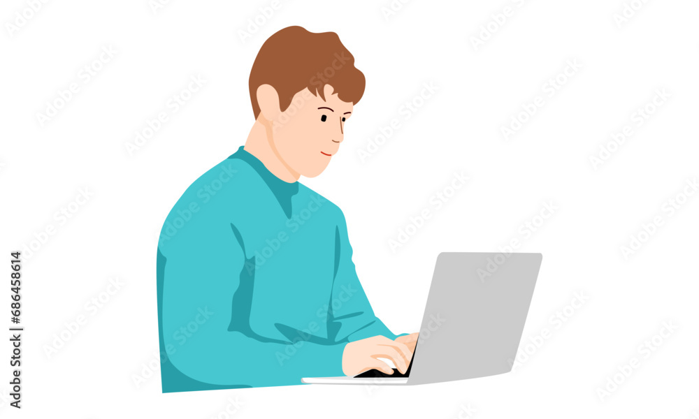 flat illustration of man at his desk is working on the laptop computer flat illustration of man at his desk is working on the laptop computer