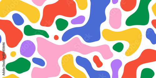 Colorful abstract organic shape seamless pattern illustration. Smooth round shapes background, creative drawing texture print. Dynamic liquid splash repeating wallpaper design.	