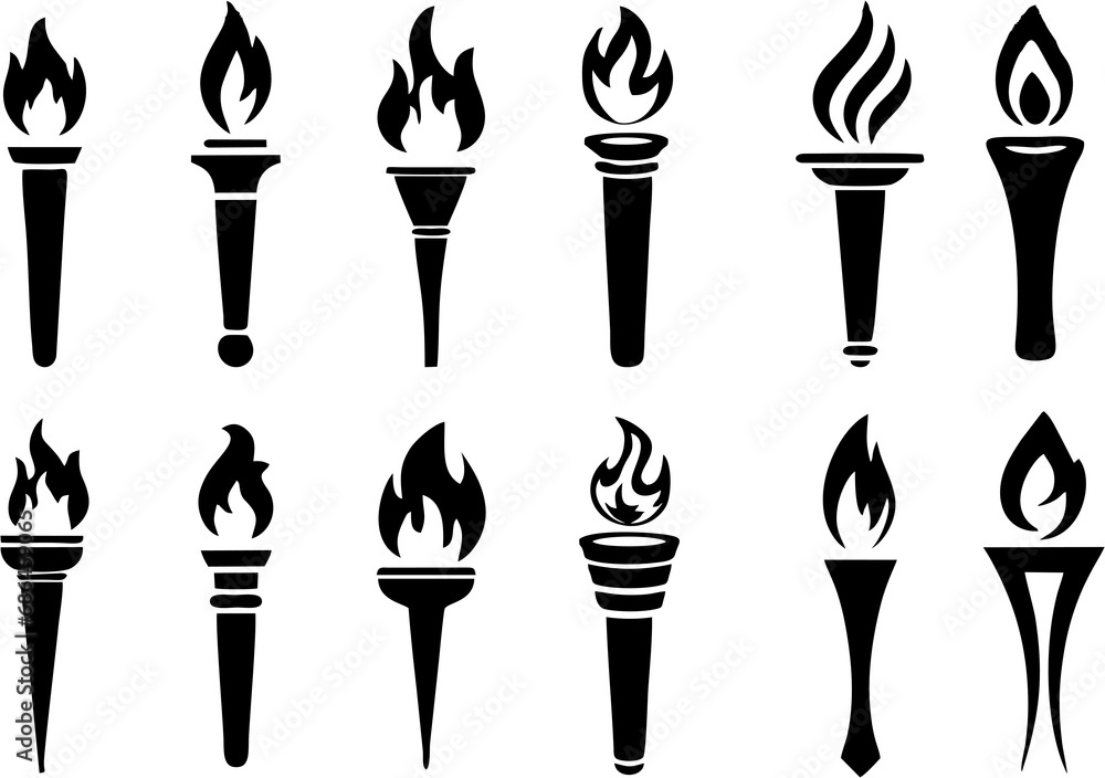 Set of traditional ancient Greek torch icons. Greece runner, Sport flame. Symbol of light and enlightenment. High HD resolution burning stick, sports symbol icon, historical tradition icons. - obrazy, fototapety, plakaty 