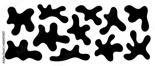 Abstract organic shapes collection. Irregular liquid forms set. Black amoeba blobs, blotches, drops or stains bundle. Different design elements pack for decor, sticker, banner, bubble, collage. Vector