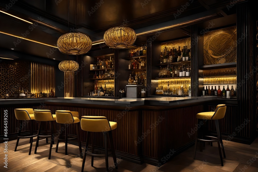  a bar, in the luxury hotel, with  wooden art on the walls, with black and yellow background, light mode