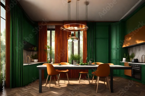 New large modern, well designed, darkest darkest orange and green kitchen, and dining room interior with beautiful curtain, light mode, render photage © Noor