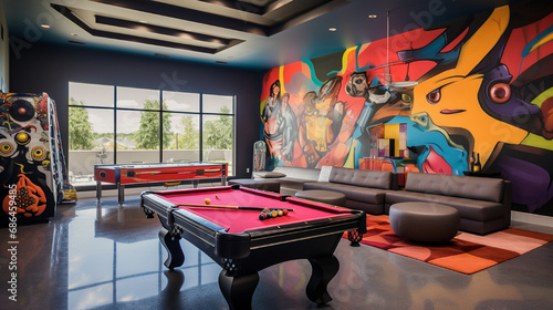  Game room with a pool table, arcade games, and vibrant wall art photo