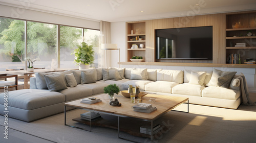 Inviting family room with a sectional sofa, a large coffee table, and a wall-mounted TV for cozy movie nights
