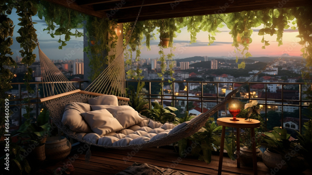 Scenic balcony with a hammock, surrounded by plants and overlooking the city Scenic balcony with a hammock, surrounded by plants and overlooking the city