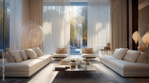 Sunlight streaming through sheer curtains, highlighting a contemporary living room with plush sofas and vibrant accent pillows