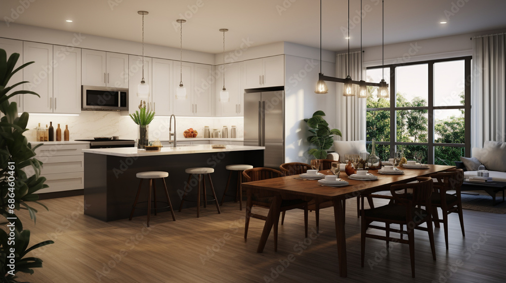 Fototapeta premium Well-lit kitchen featuring a granite island, stainless steel appliances, and an open concept leading to a cozy dining area