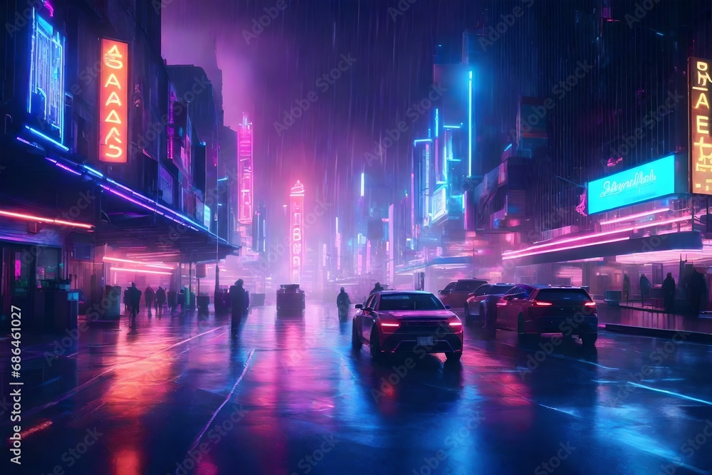 a bustling cyberpunk Citysearch with rain and neon signs