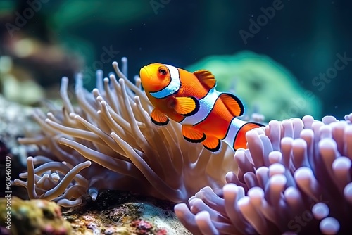  clown fish on an anemone underwater reef in the tropical ocean photo