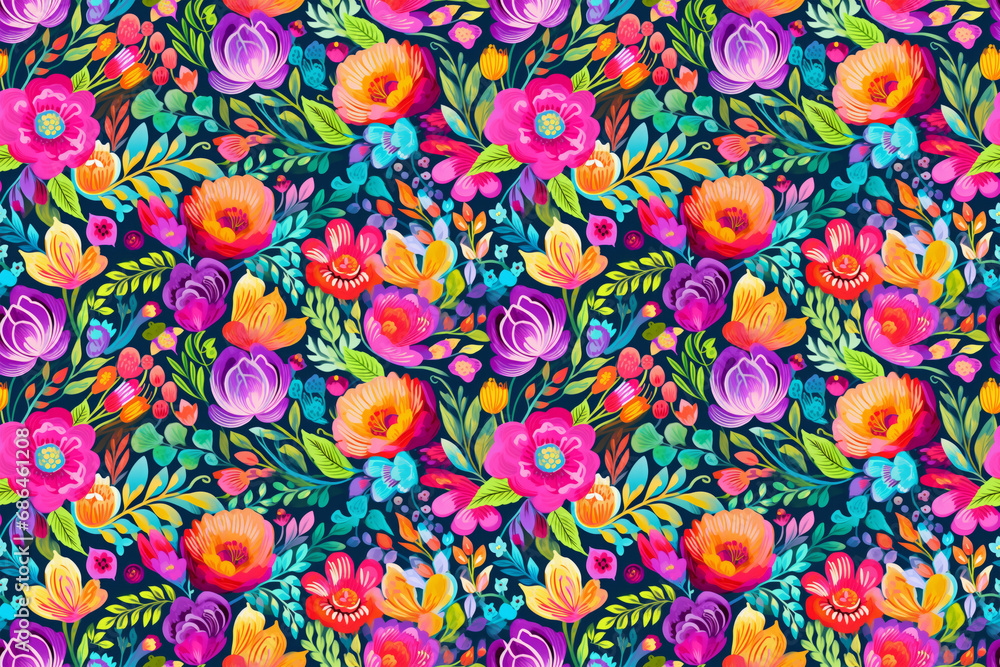 Colorful Blossom Fiesta Pattern: A festive pattern of various blossoms in multiple colors, creating a lively and joyous floral celebration