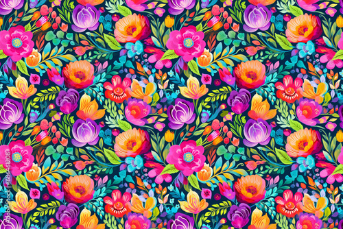 Colorful Blossom Fiesta Pattern: A festive pattern of various blossoms in multiple colors, creating a lively and joyous floral celebration © 123dartist