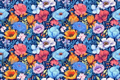 Colorful Garden Variety Pattern: A pattern with a mix of different garden flowers in various colors, representing diversity and beauty © 123dartist