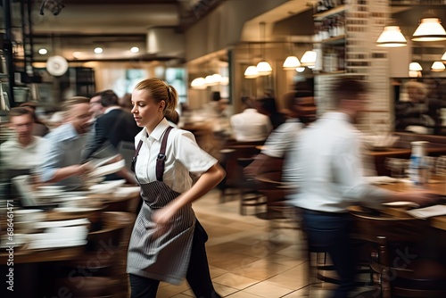 waiters and motion chefs of a restaurant kitchen photo