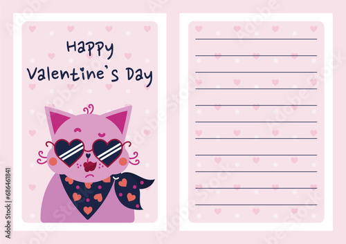 Cute pink cat girl. Stylish kitten in a neckerchief, heart-shaped sunglasses. Bright funny pet in love. Vector template for Valentines Day. Flat cartoon romantic card with backside, copy space
