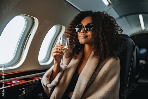attractive african american woman hoding glass of champagne and smiling at camera while sitting near served table in private plane photo