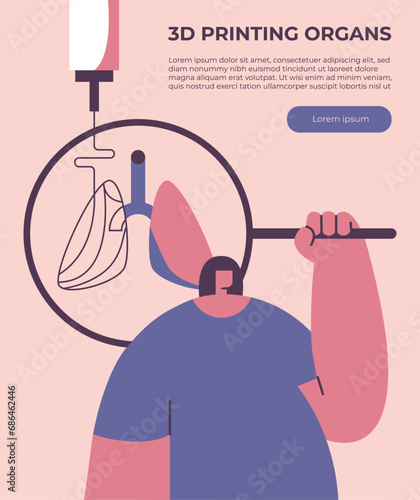 Medical print of a transplanted human lungs. 3D printing organs. Bioengineering with future technologies. Flat vector illustration