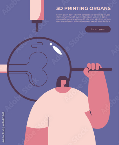 Medical print of a transplanted human organs. 3D printing of a bone. Bioengineering with future technologies. Flat vector illustration in cartoon style.