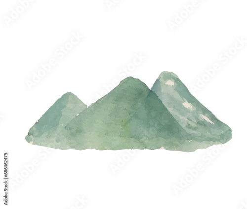 watercolor lanscape of mountains. Green Mountains hand drawn with watercolor style. 