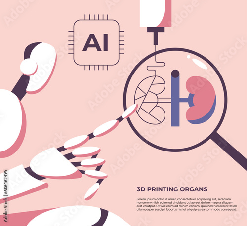 AI robot prints a 3D model of a human kidneys. 3D printing of organs. Medicine of the future. Flat vector illustration in cartoon style.