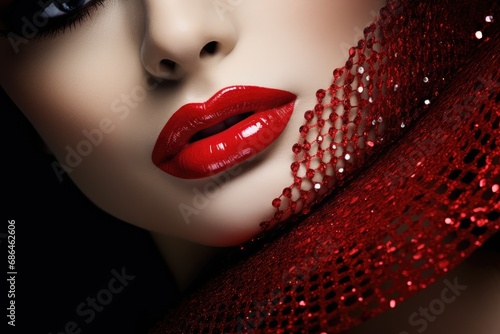 Close up view of beautiful woman lips with red lipstick. Fashion make up. Cosmetology, drugstore or fashion makeup concept.  photo