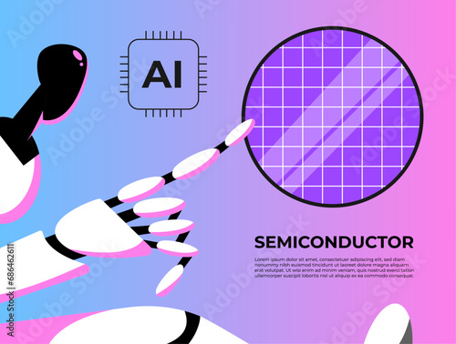 Robot working in the semiconductor industry. Development of chips for AI. Artificial intelligence on semiconductor elements. Flat vector illustration in cartoon style.