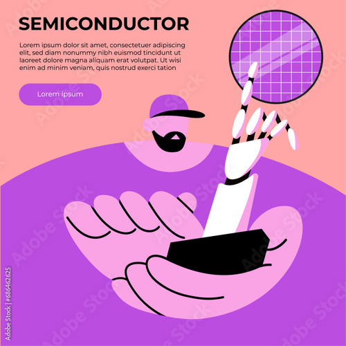 Robot hand working in the semiconductor industry. Development of chips for phones. Artificial intelligence on semiconductor elements. Flat vector illustration in cartoon style.