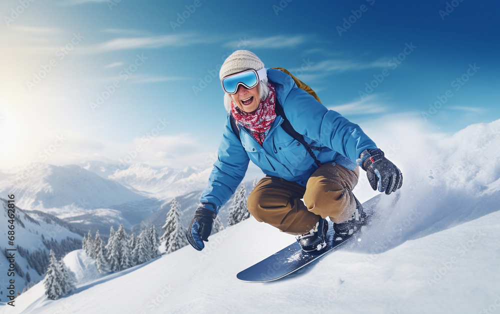 Happy elderly woman on a snowboard goes down the snowy slopes