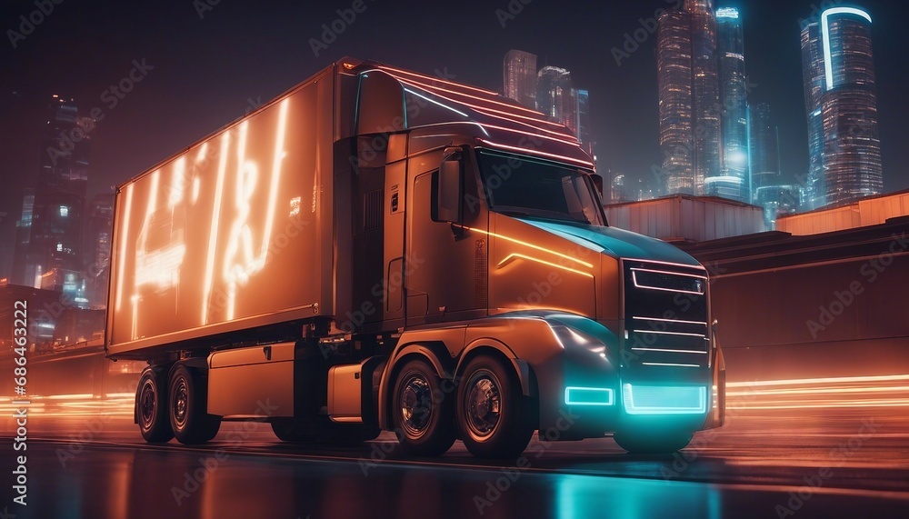 A futuristic glowing neon cargo truck A futuristic glowing neon cargo truck