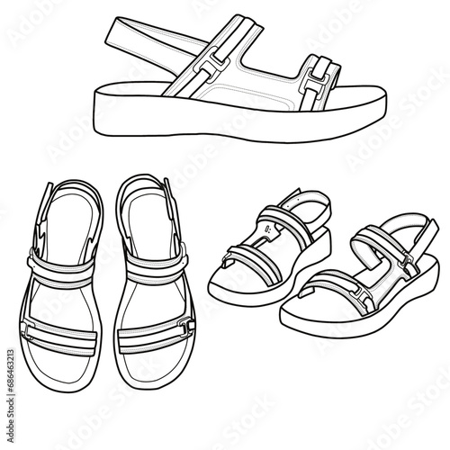 Hand-drawn slingback sandals shoes and footwear line,  front, side, and top view isolated on a white background