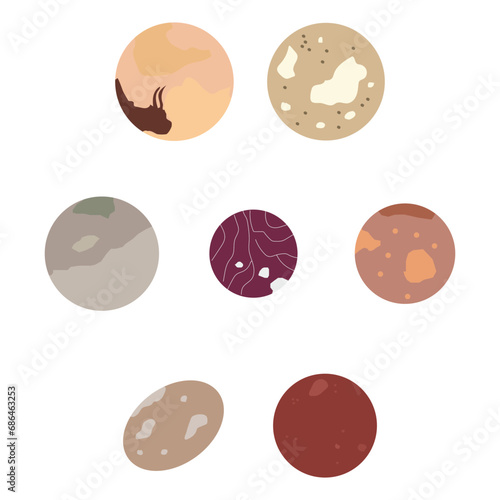 Hand drawn illustration of biggest dwarf planets of Solar System in descending order, real size ratio