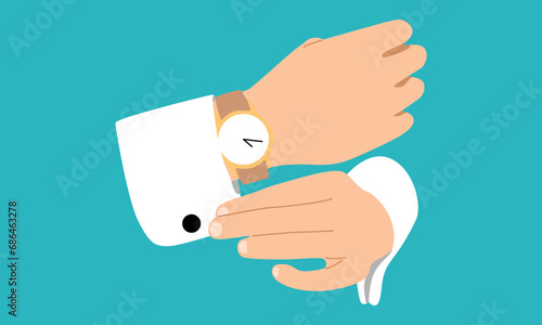 flat illustration of wristwatch on the hand of businessman in suit. Time on wrist watch
