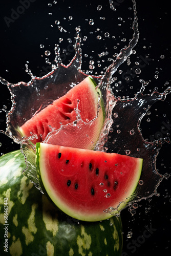 Juicy pieces of ripe watermelon in a splash of water. Generative AI.