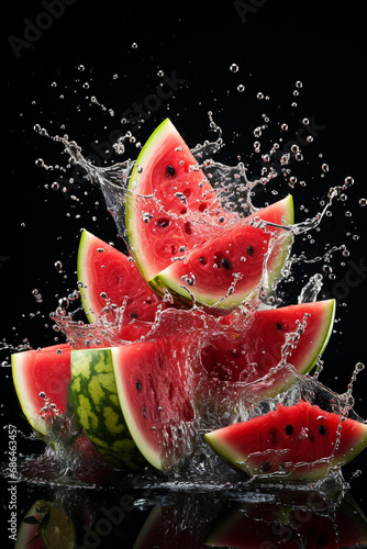 Juicy pieces of ripe watermelon in a splash of water. Generative AI.