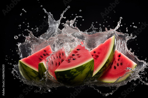 Juicy pieces of ripe watermelon in a splash of water. Generative AI.
