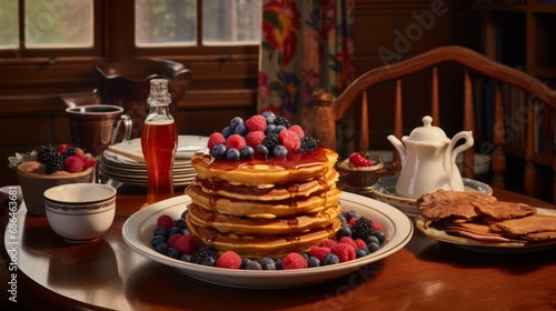 A farm-style breakfast table featuring pancakes  waffles  and French toast drizzled with pure New England maple syrup  accompanied by bacon and fresh berries.