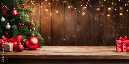 Empty wooden table with christmas theme in background.
