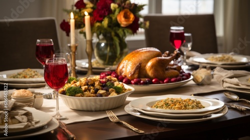 A warm, cozy dining room table set for a family Thanksgiving dinner, showcasing turkey, stuffing, mashed potatoes, gravy, and cranberry relish.