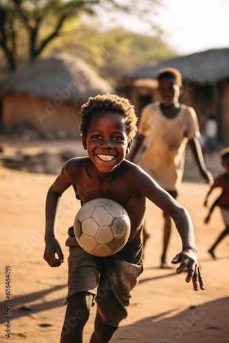 African children in poor slums Have fun tapping balls on the soccer field in the slum village. Group of fun African children © เลิศลักษณ์ ทิพชัย