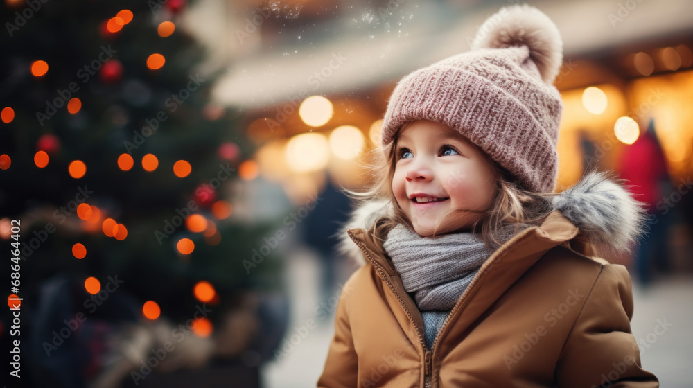 custom made wallpaper toronto digitalLittle girl in a hat and coat On the background of the Christmas tree christmas market winter happy holidays