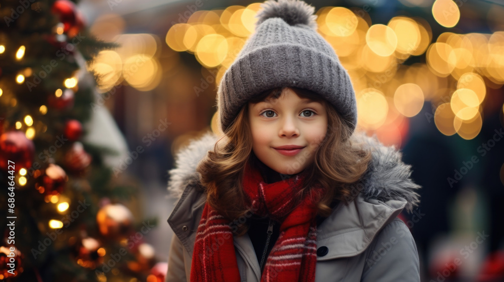 Little girl in a hat and coat On the background of the Christmas tree christmas market winter happy holidays Little girl in a hat and coat On the background of the Christmas tree christmas market winter happy holidays