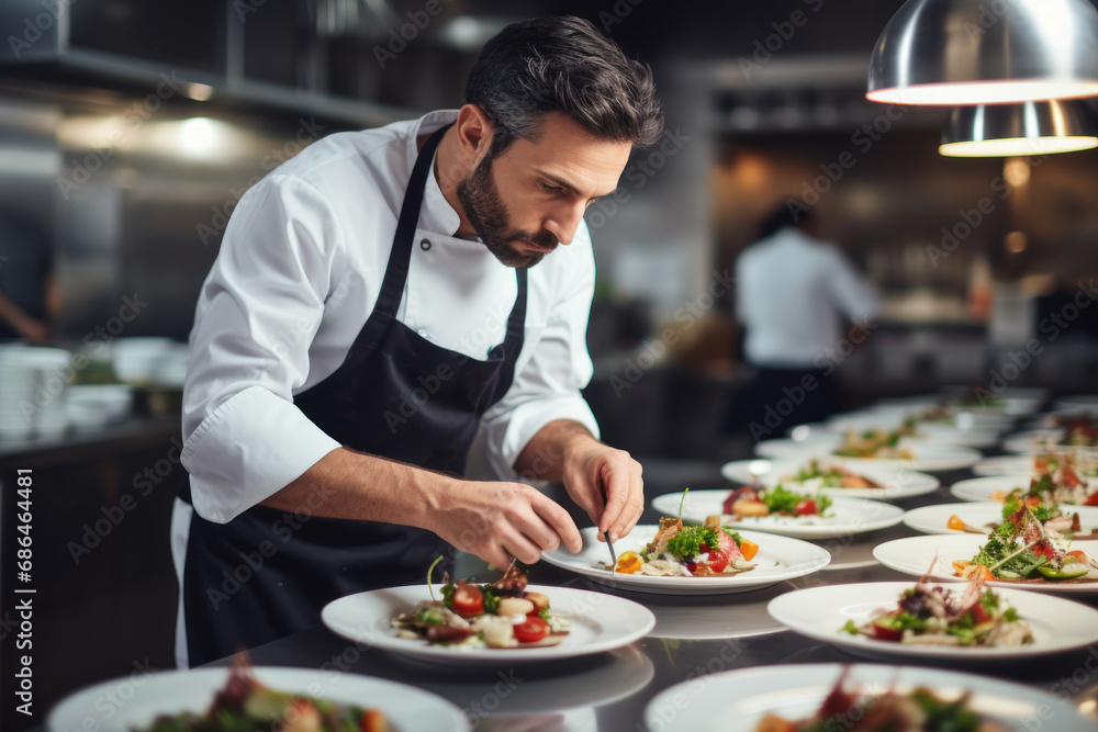 Male chef in the kitchen artfully and beautifully preparing gourmet dishes. Chef is preparing food in the kitchen. Close-up of chef decorating dishes