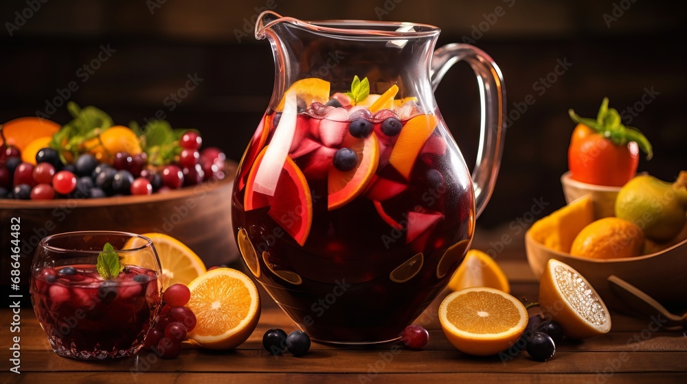 Sangria, Showcasing the Mix of Red Wine, Assorted Fruits Sangria, Showcasing the Mix of Red Wine, Assorted Fruits