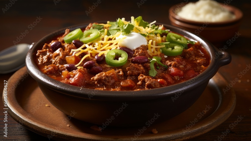 Steaming Bowl of Hearty Chili, Loaded with Beans, Ground Meat, Shredded Cheese and Green Onions Steaming Bowl of Hearty Chili, Loaded with Beans, Ground Meat, Shredded Cheese and Green Onions