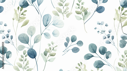 beautiful watercolor seamless pattern with eucalyptus branch flower photo