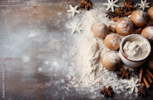 Christmas baking background with flour, eggs and spices. Selective focus
