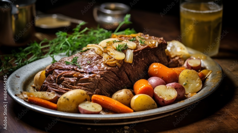 Slow-Cooked Pot Roast Surrounded by Winter Vegetables