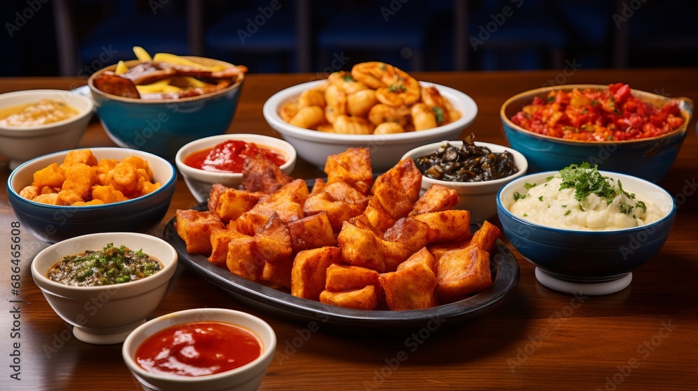Selection of Classic Tapas, Including Patatas Bravas, Gambas Al Ajillo, and Chorizo Slices Selection of Classic Tapas, Including Patatas Bravas, Gambas Al Ajillo, and Chorizo Slices